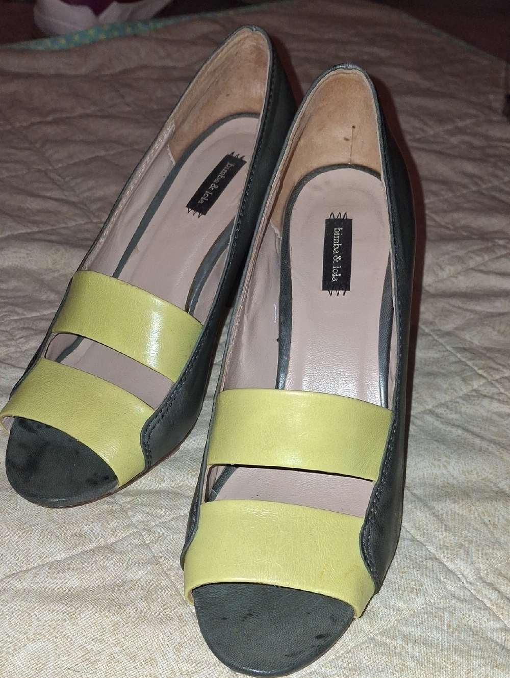 Green and Yellow Genuine Leather Open-Toe Heels